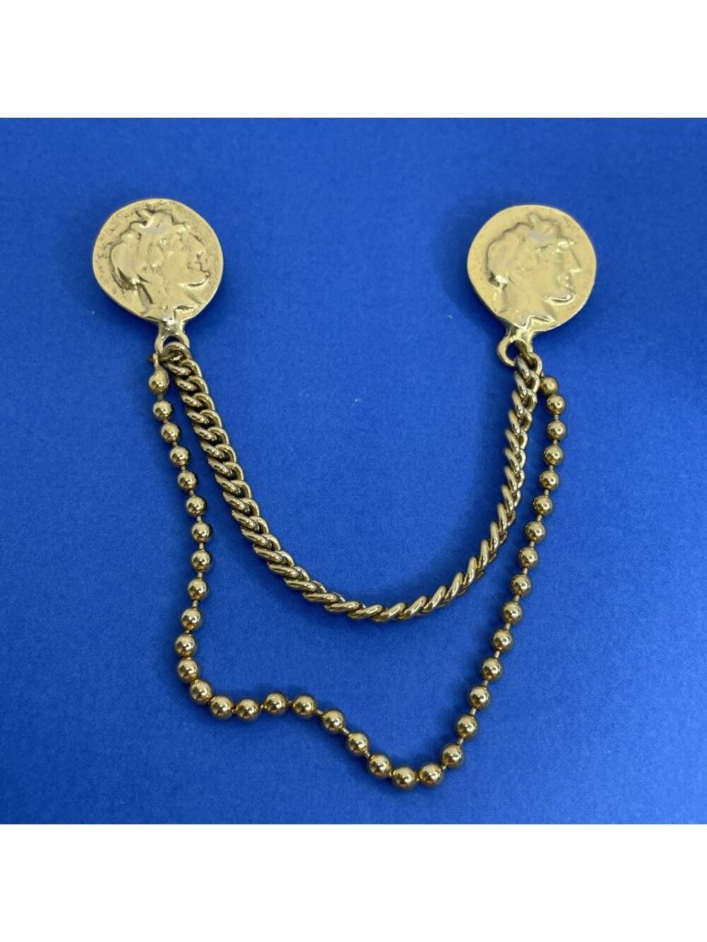 Vintage Roman Medallion Brooch Gold-tone Double Chain Sweater Guard Pin